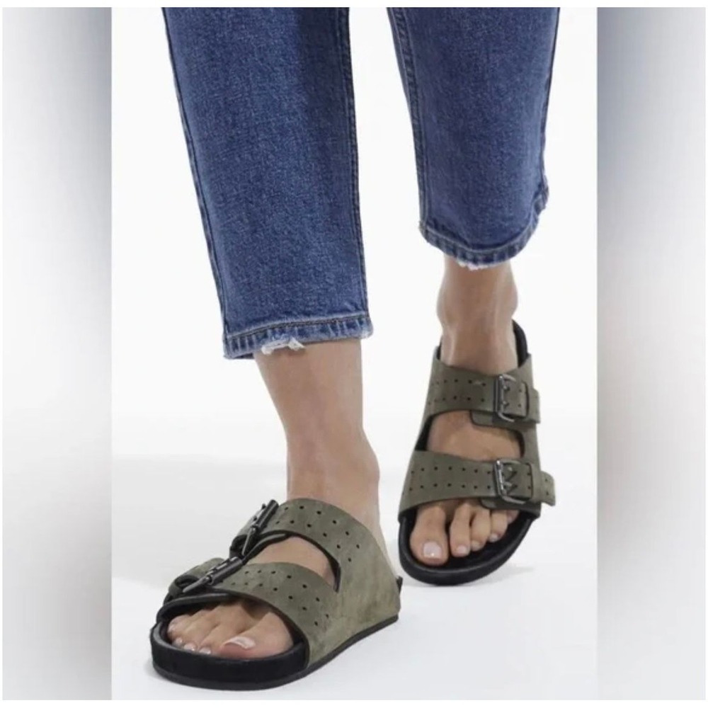 NIB The Kooples Suede Double Strap Leather Slides Olive Sandals EU 43/US 12